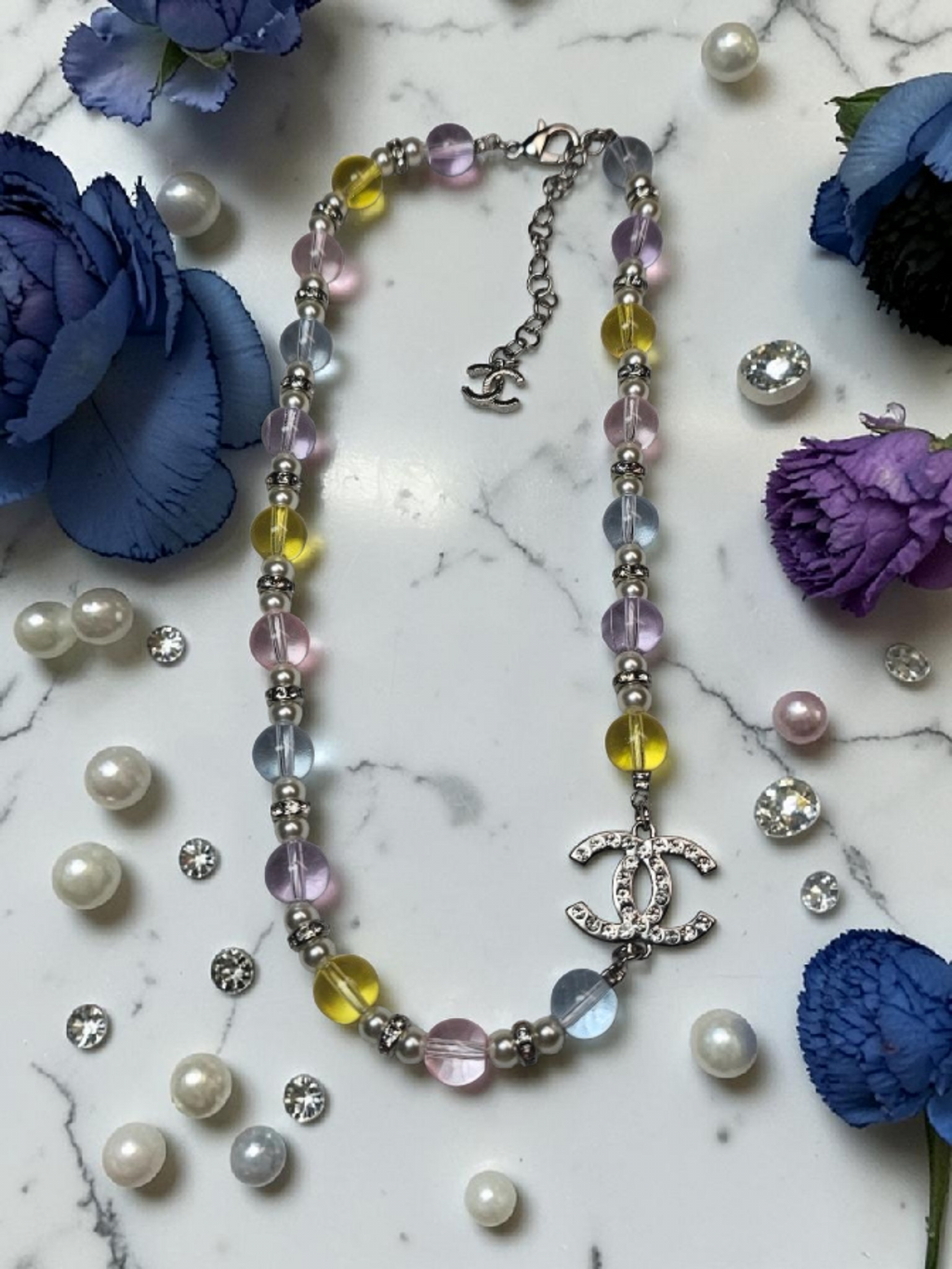 CC Logo Double Charm Multicolor Glass Bead Necklace