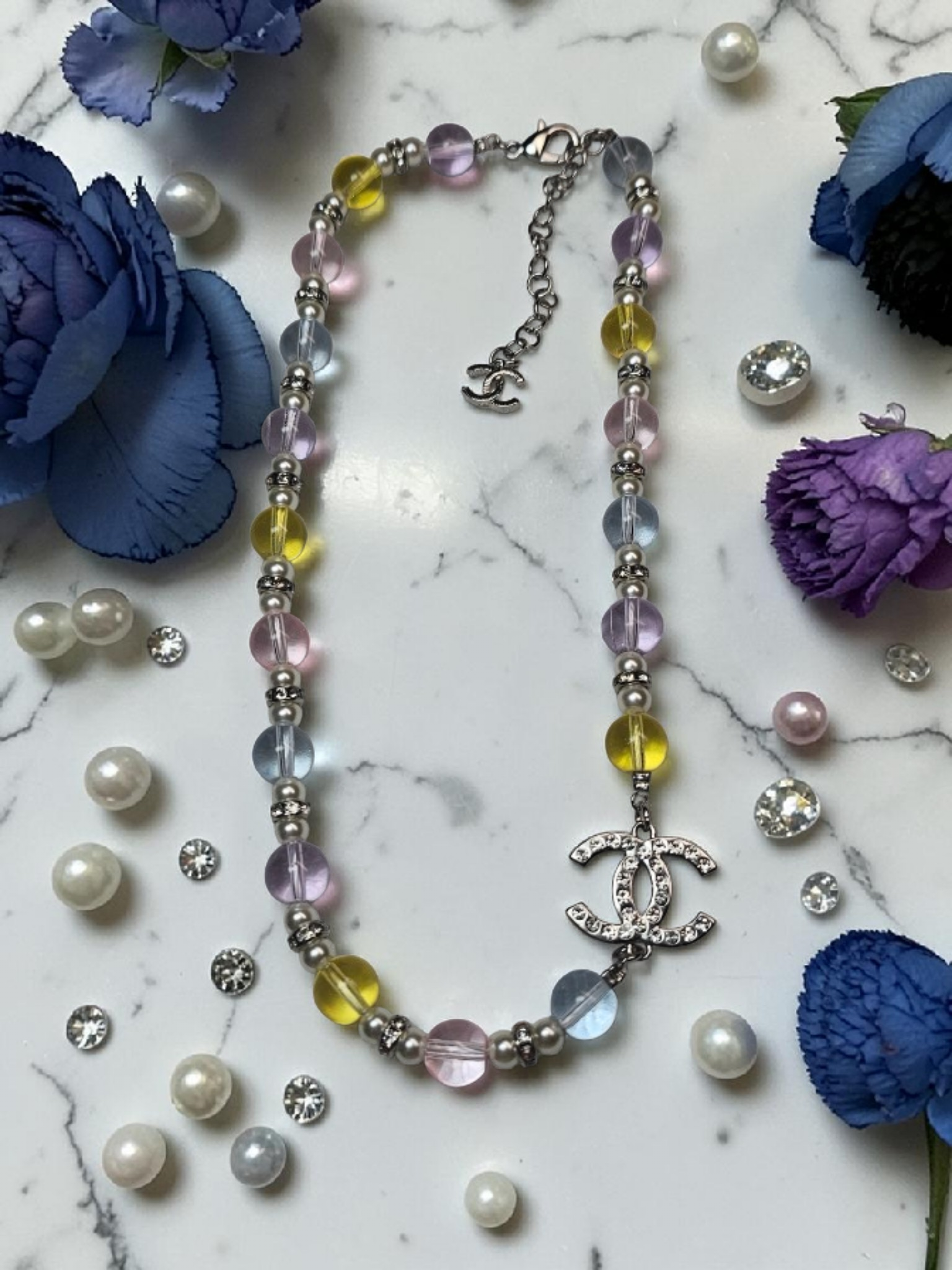 CC Logo Double Charm Multicolor Glass Bead Necklace