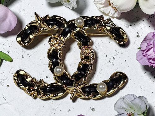 Black and Gold Braided Charm Logo Pin Brooch