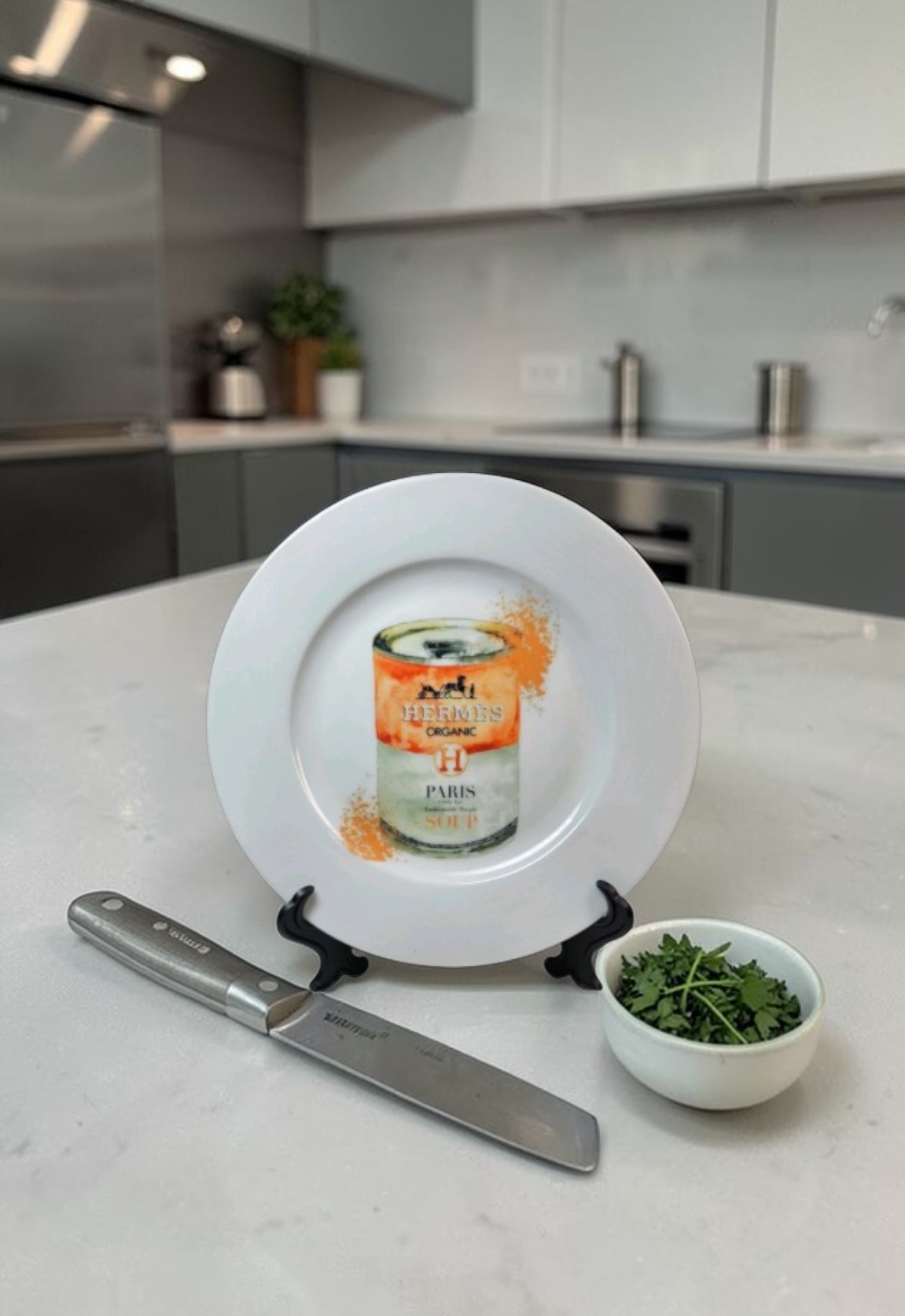 Custom Hermès Hand-Painted Plate with display stand