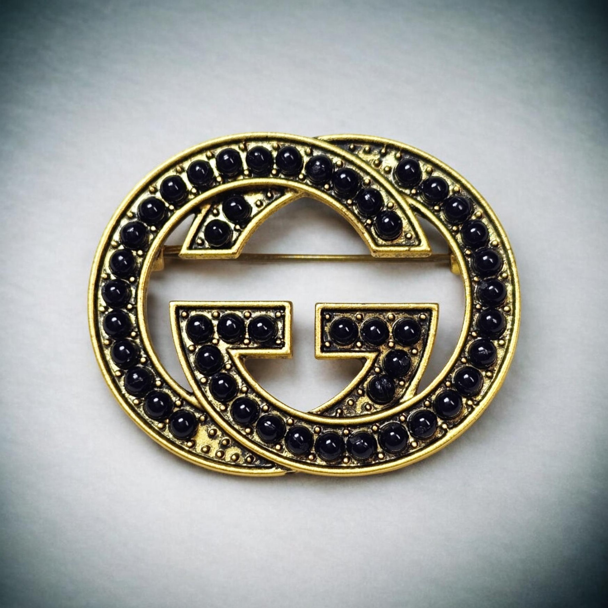 Gucci Antique Gold & Black Pearl Charm Brooch