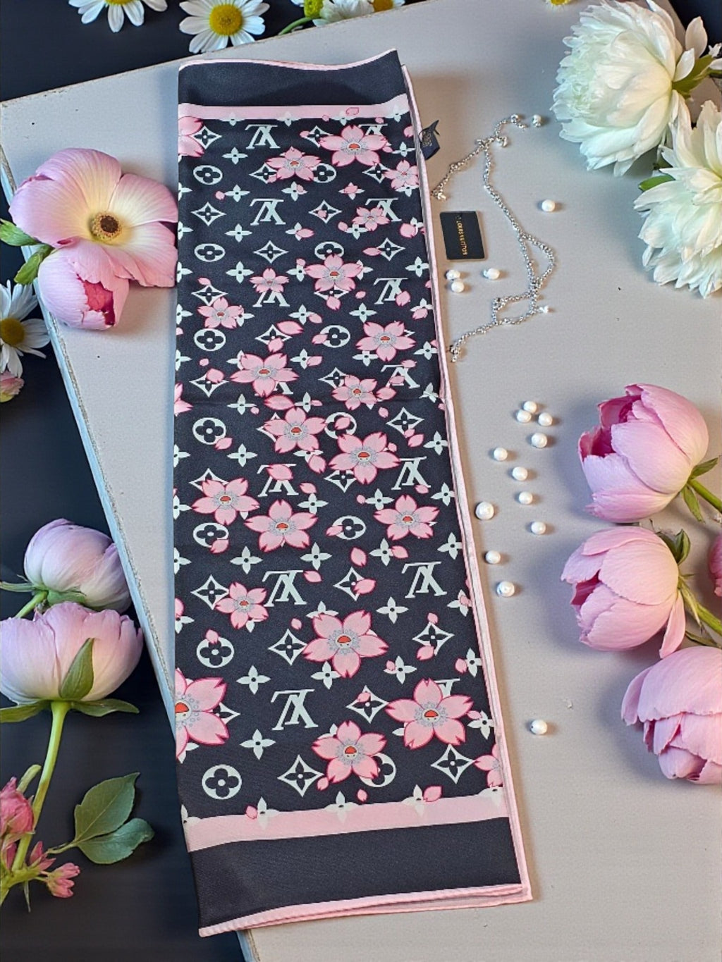 100% Silk LV Logo Black and Punk Cherry Blossom Large Scarf