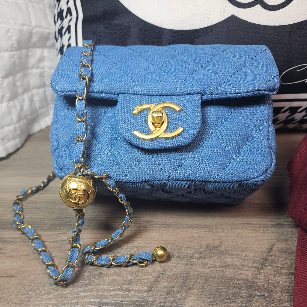CC Logo Denim mini Crossbody Bag with Ball chain Strap