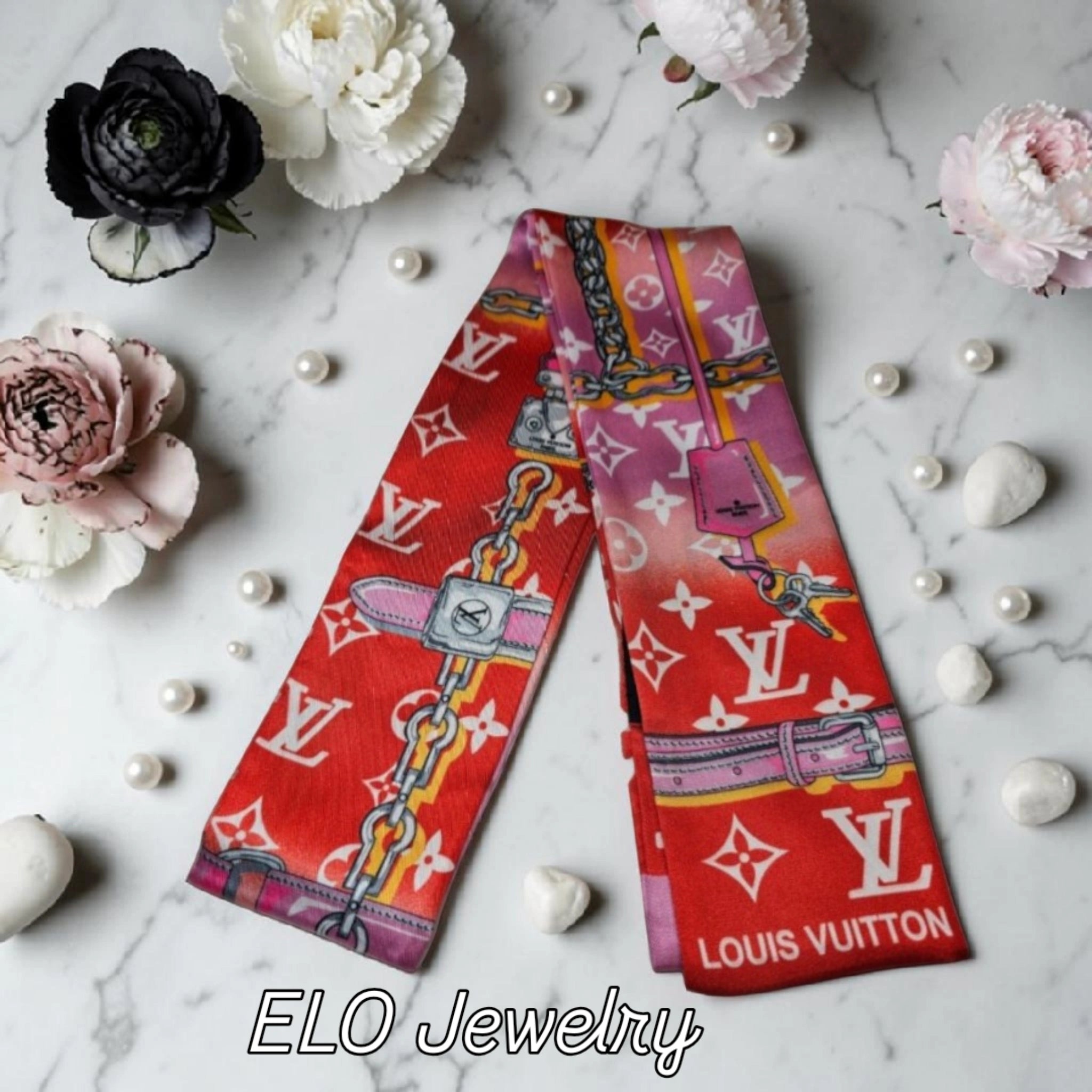 Louis logo Bag Scarf Hair Accessory Tagged 100% Silk Red