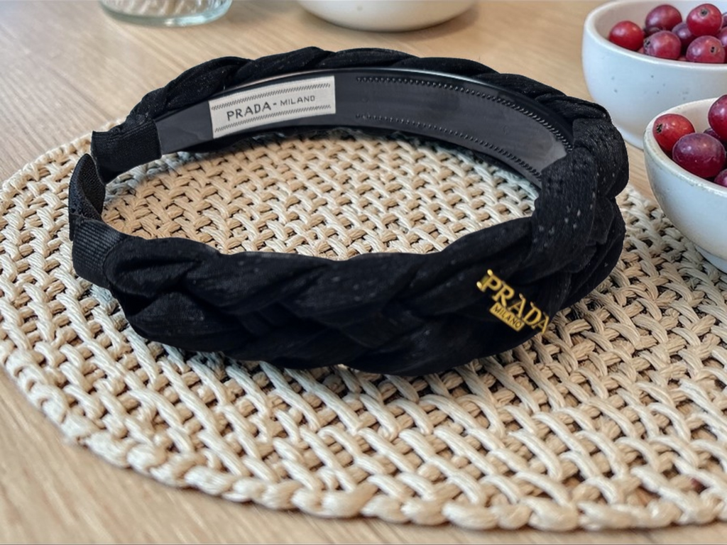 Prada logo charm Black Braided Headband Tagged New