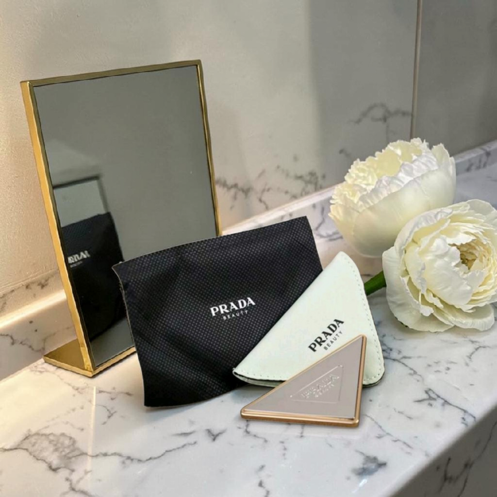 Prada Compact Mirtor Silver Taupe New with Prada Zipper Case