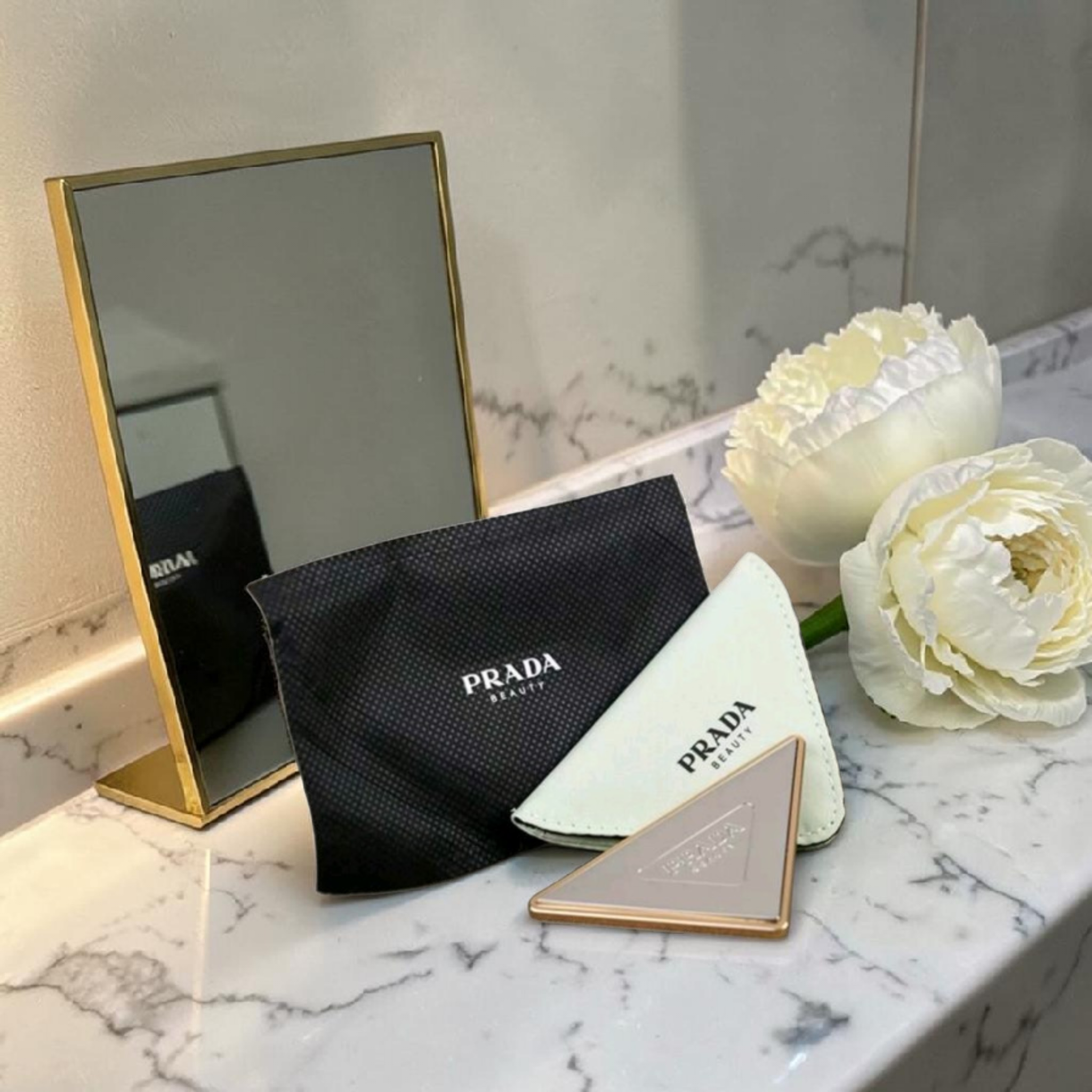 Prada Compact Mirtor Silver Taupe New with Prada Zipper Case