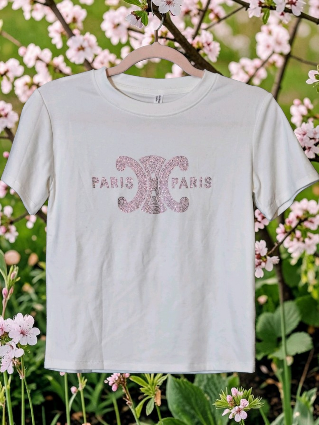 Luxury Pink Stone Paris Logo short sleeve Tee Shirt Size US Women's Small