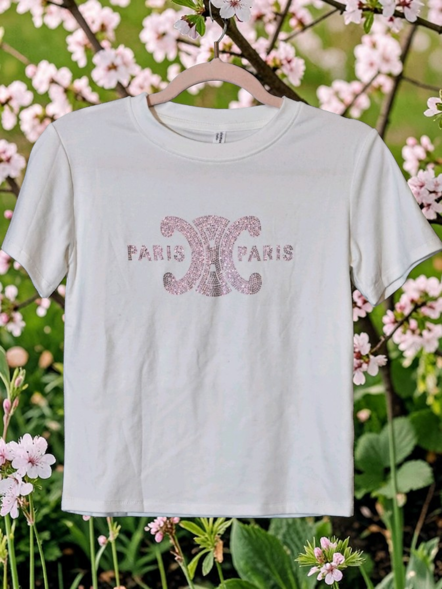 Luxury Pink Stone Paris Logo short sleeve Tee Shirt Size US Women's Small