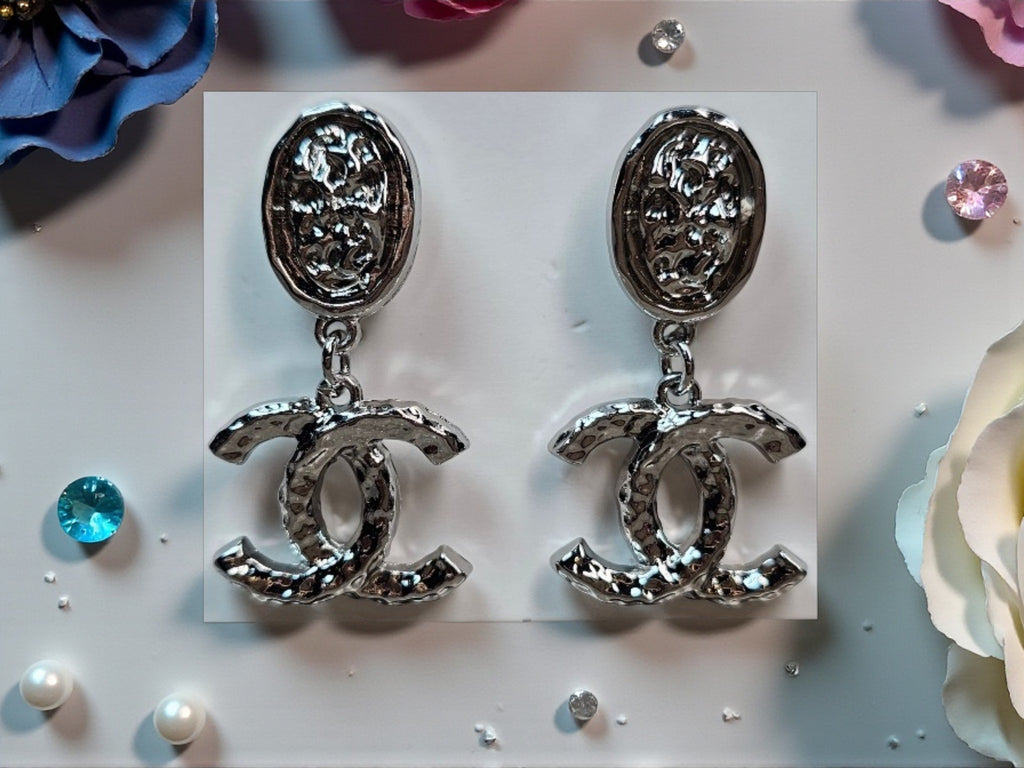 White Gold plated CC Dangle Statement Pierced Studs