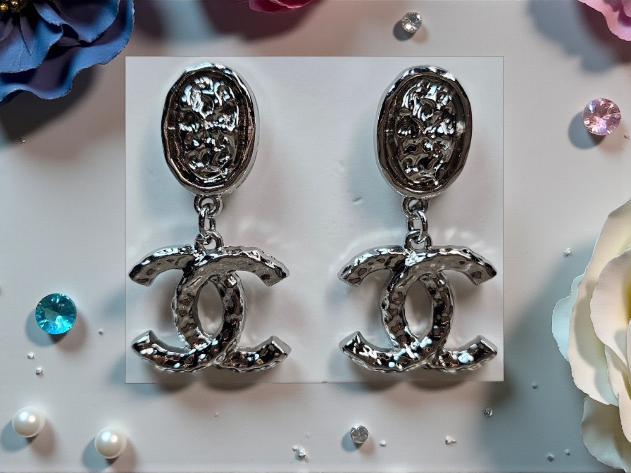 White Gold plated CC Dangle Statement Pierced Studs