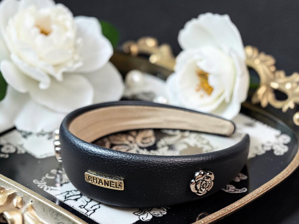 Camellia Charm Black  Leather Headband Summer