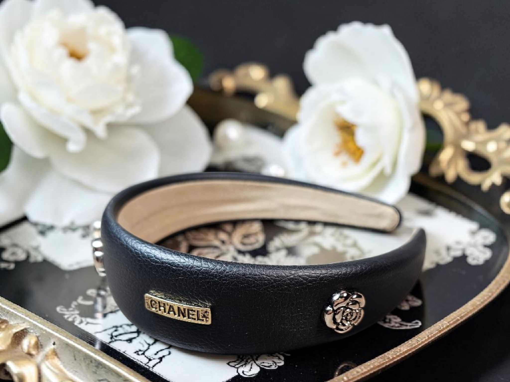 Camellia Charm Black  Leather Headband Summer