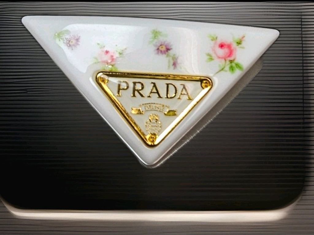 Prada Gold Logo charm White Floral Triangle Floral Hair Clip