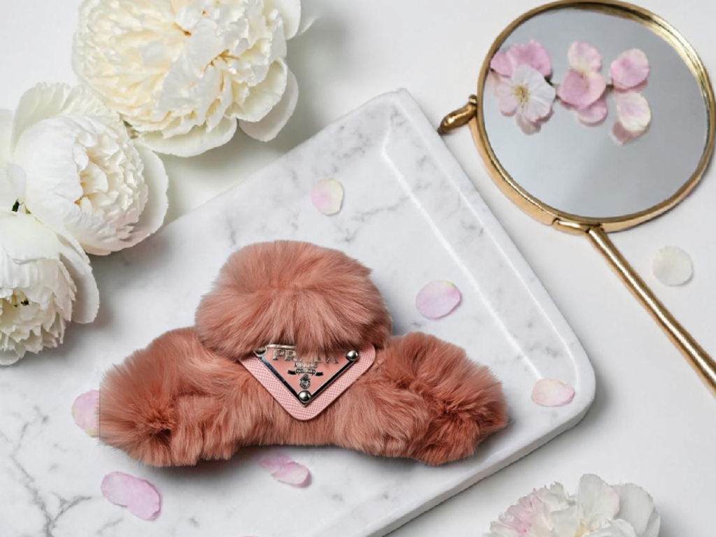 Logo Charm Pink Fur Hair Claw Clip Spring