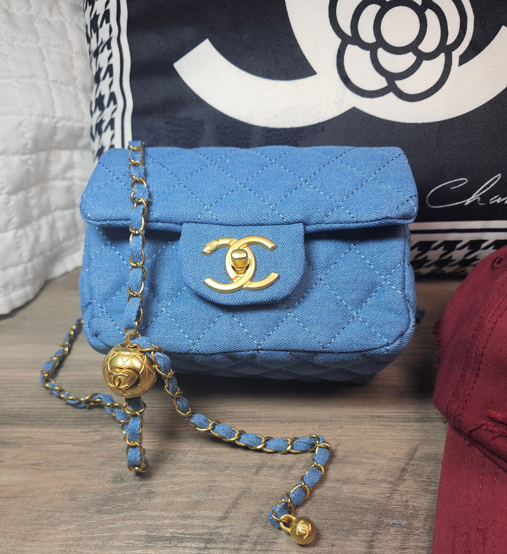 CC Logo Denim mini Crossbody Bag with Ball chain Strap