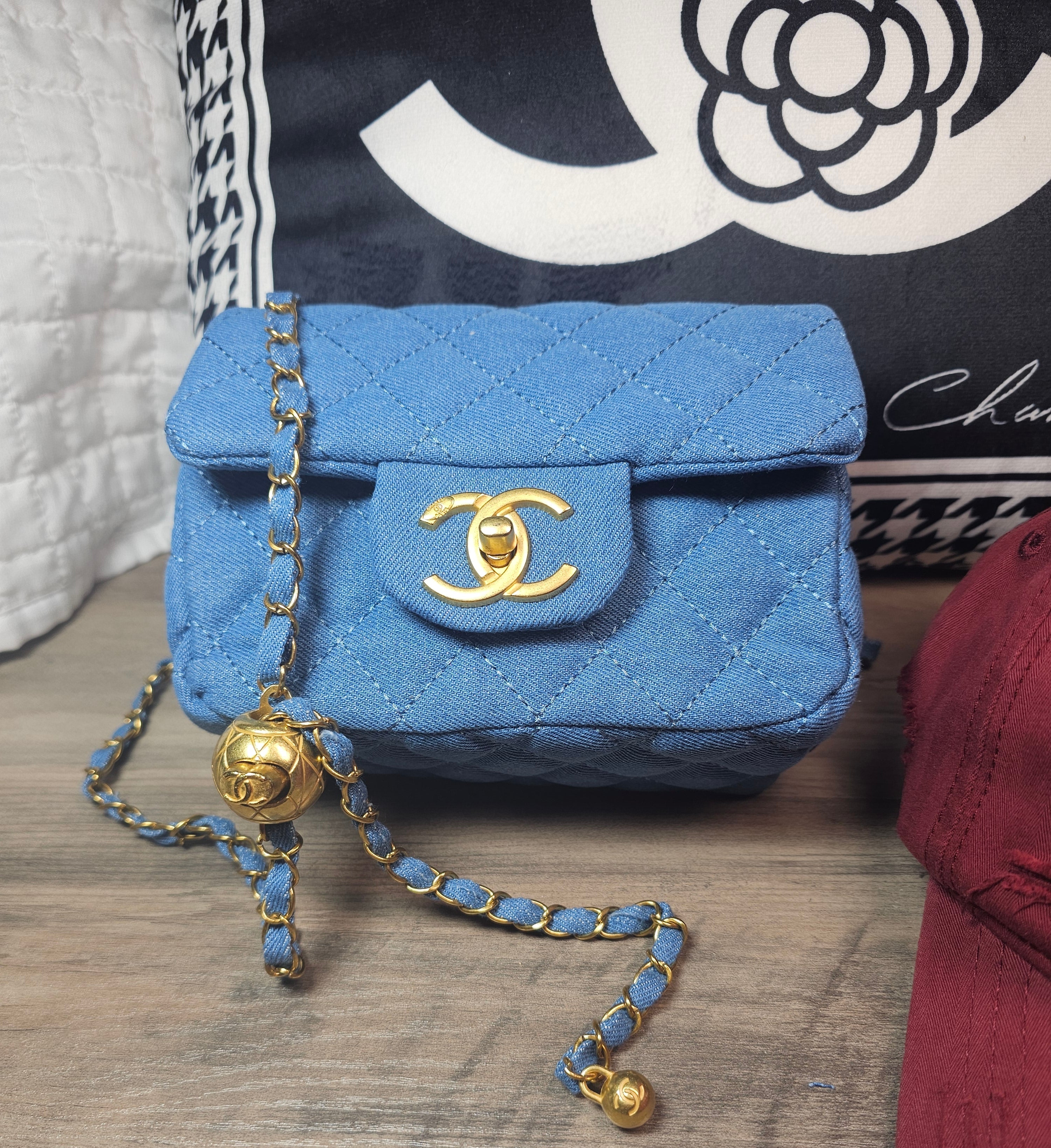 CC Logo Denim mini Crossbody Bag with Ball chain Strap