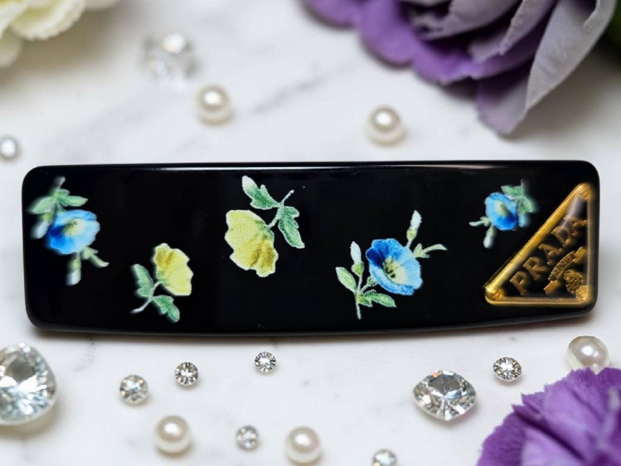 Black Floral and Gold Logo Charm Barrette/ Hair Clip Black Floral Spring