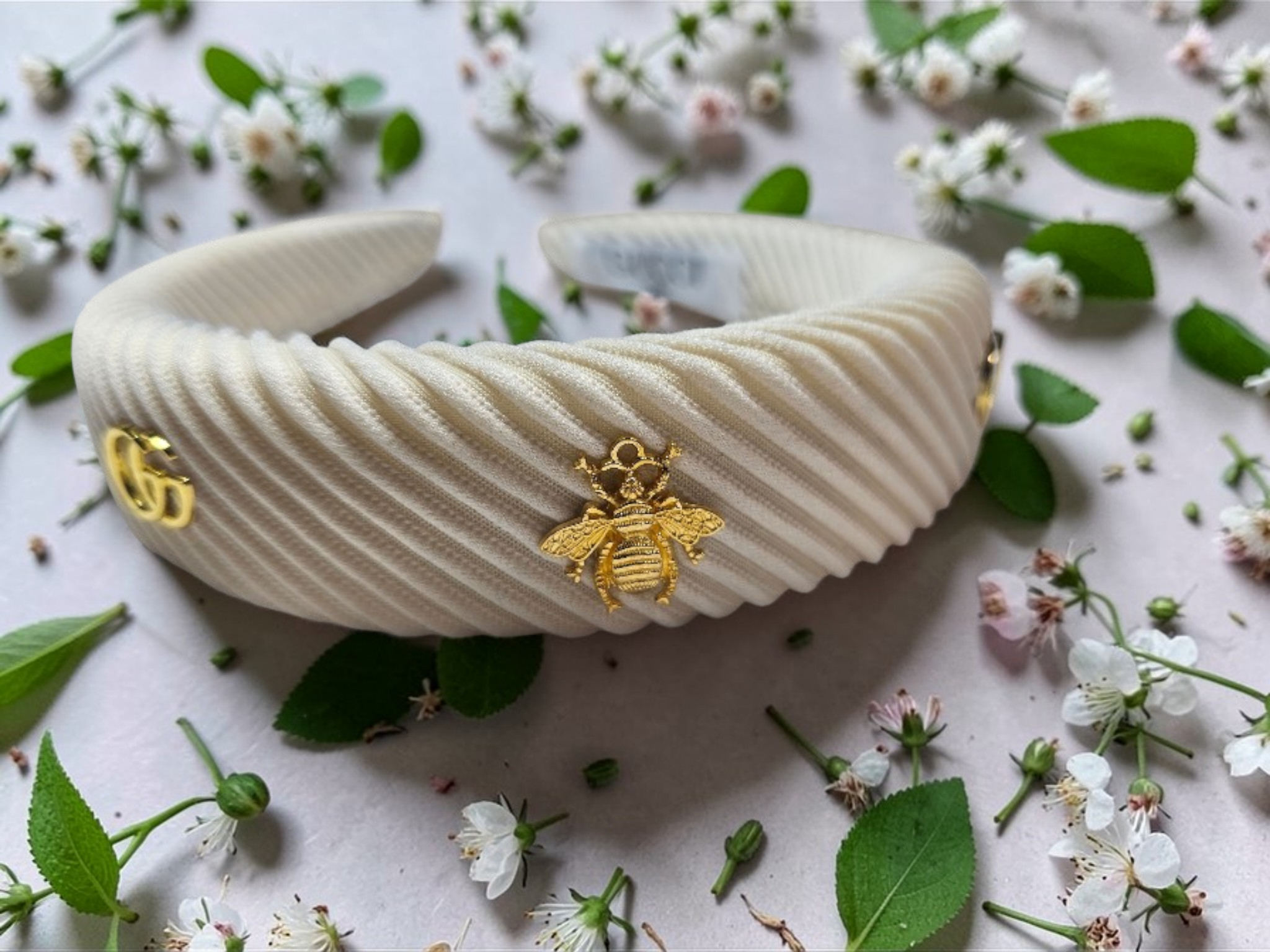 GG Bee Charm Headband — Cream Corduroy & Gold Accents
