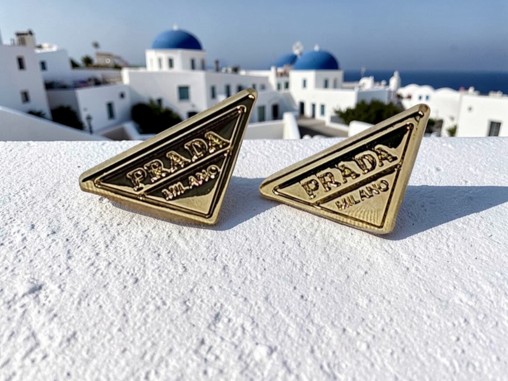 Gold Prada Triangle Charm Logo Stud Earrings