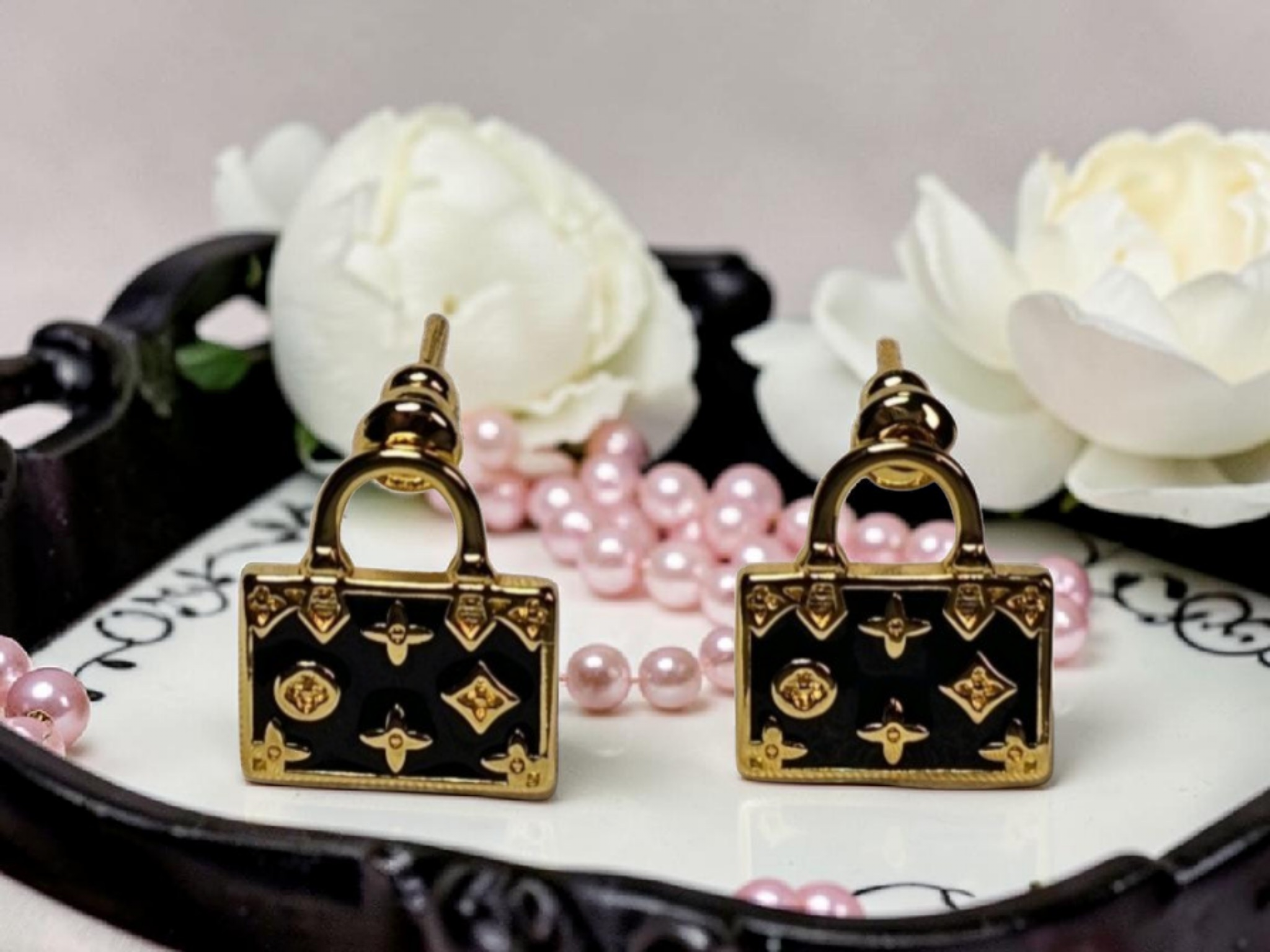 Gold and Black purse Pierced Stud Earrings
