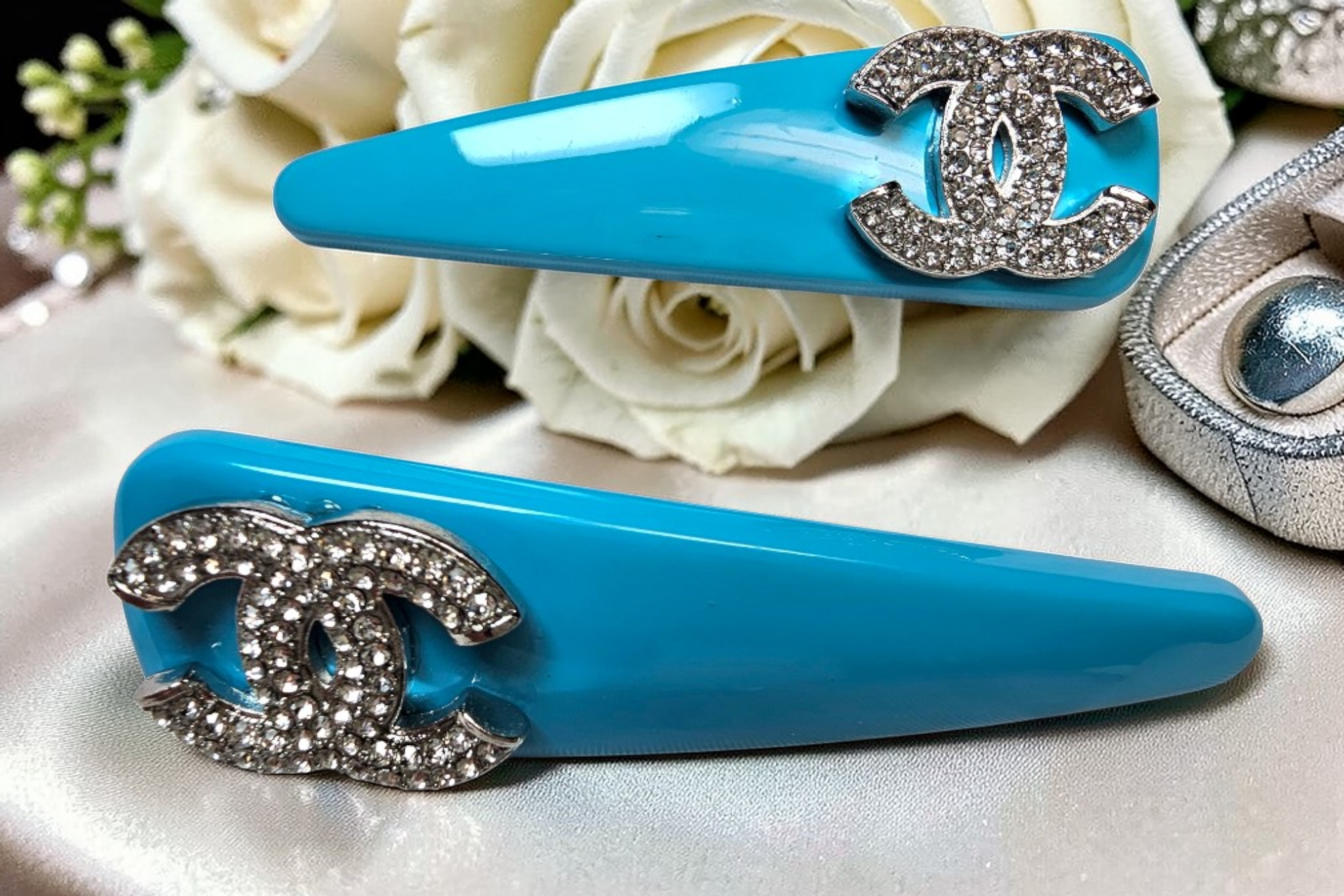 Chanel‑Inspired Ocean Blue Luxury Hair Clip Barrettes — Set of 2