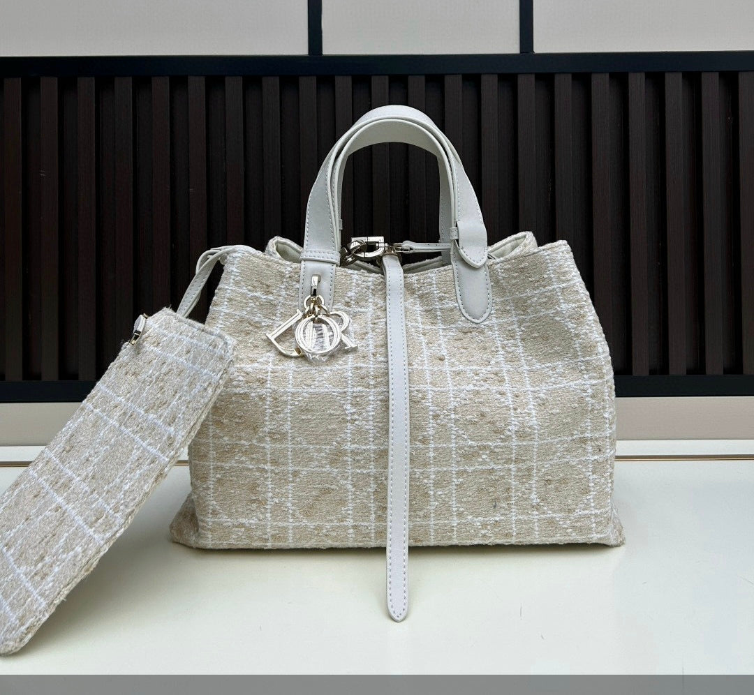 CD Logo XL Tweed Tote Bag w/Pouch