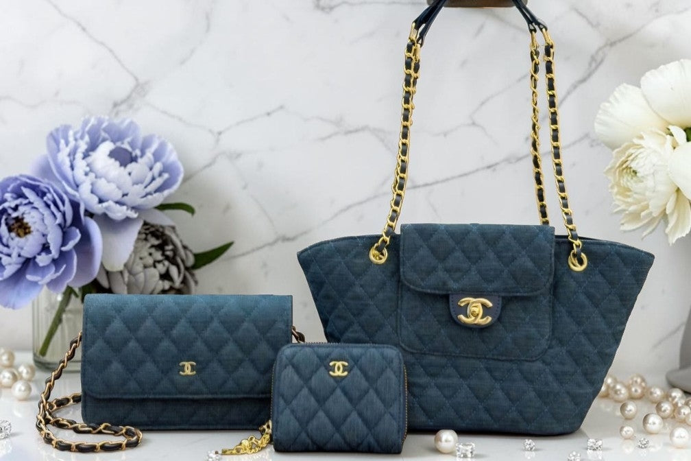 3 piece Quilted Denim Tote Bag, Wallet, and Single flap crossbody bag
