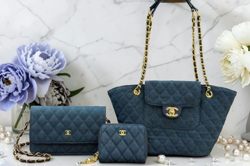 3 piece Quilted Denim Tote Bag, Wallet, and Single flap crossbody bag