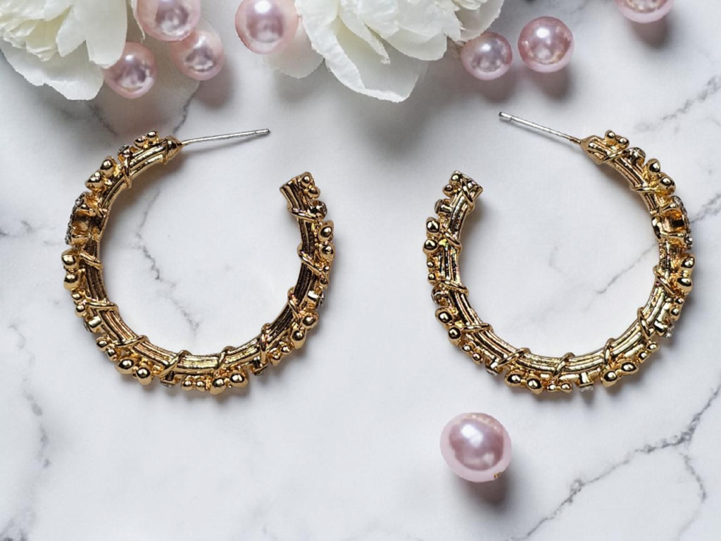 CC Camellia logo Gold and Gemstone Statement Hoops