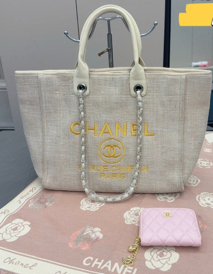 Pink and Cream C Logo 2 piece Tote Bag set