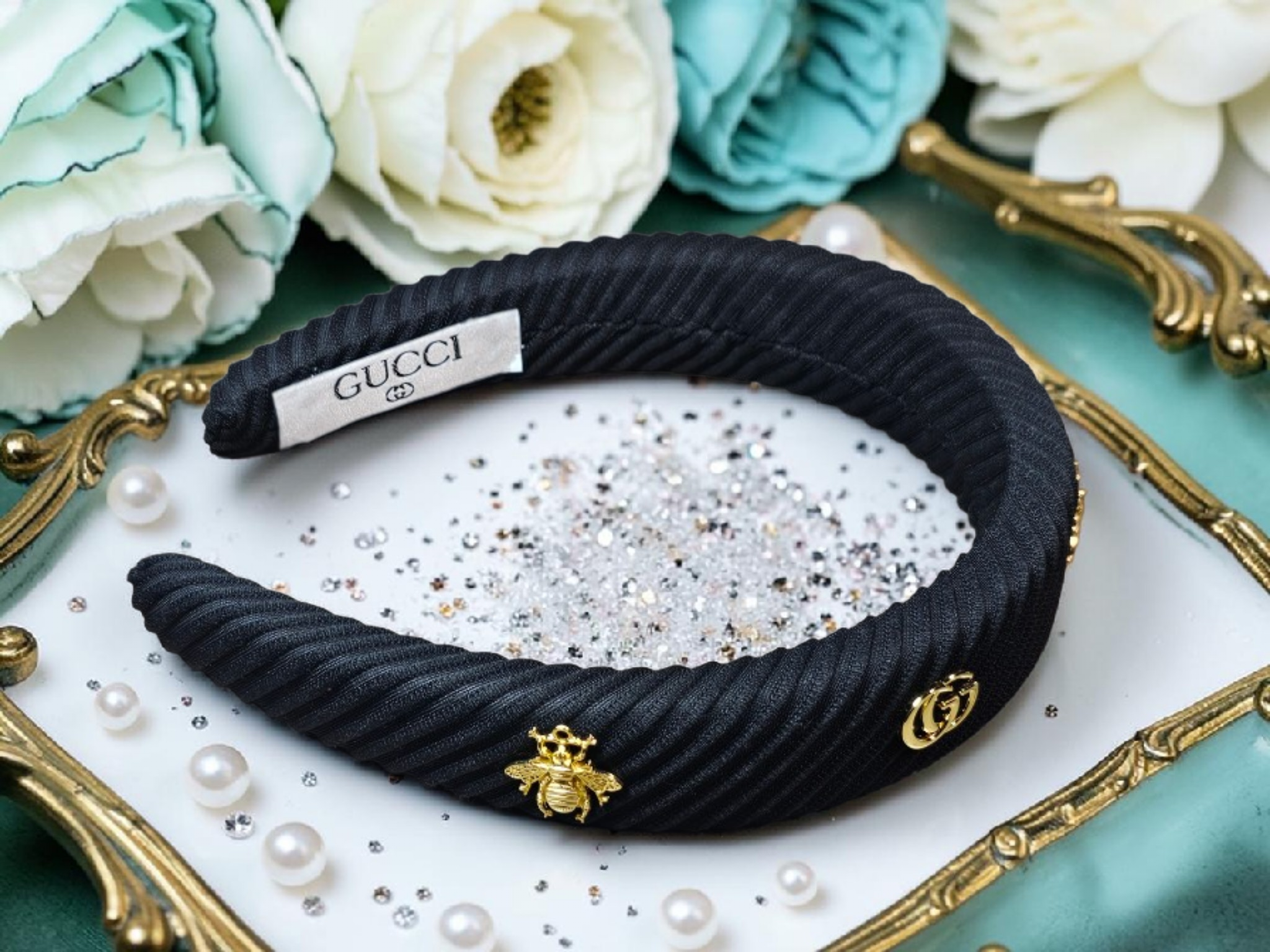 GG Logo Bee Headband Black Corduroy with Charms