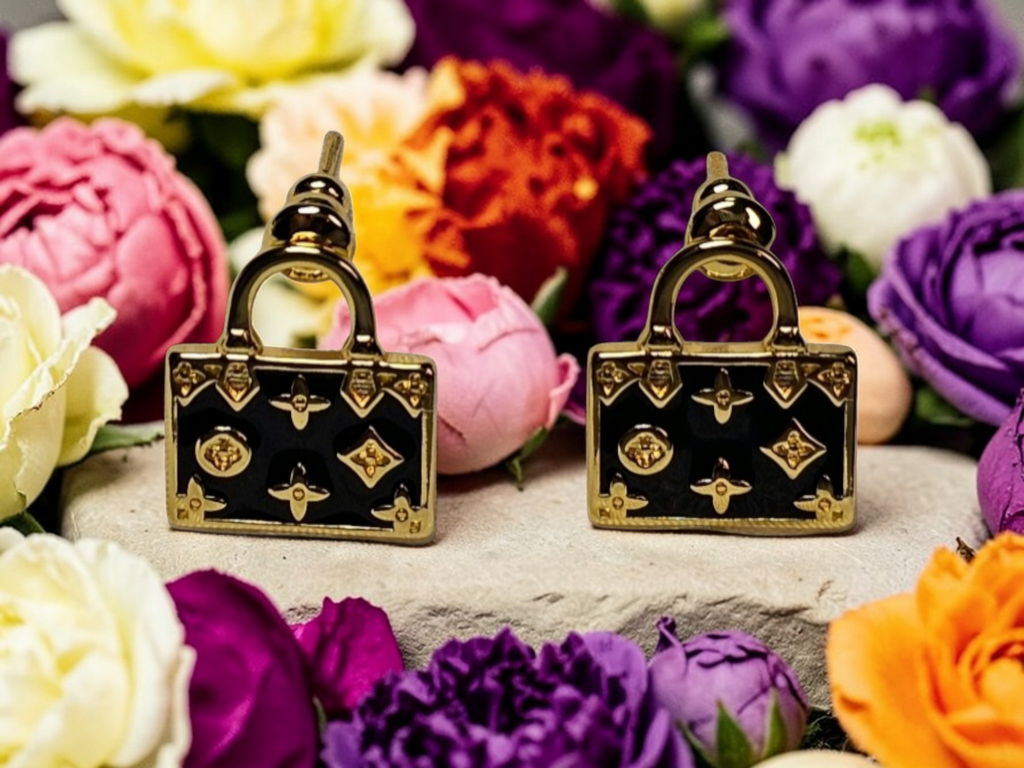 Louis Vuitton Gold and Black Logo Pierced Stud Earrings