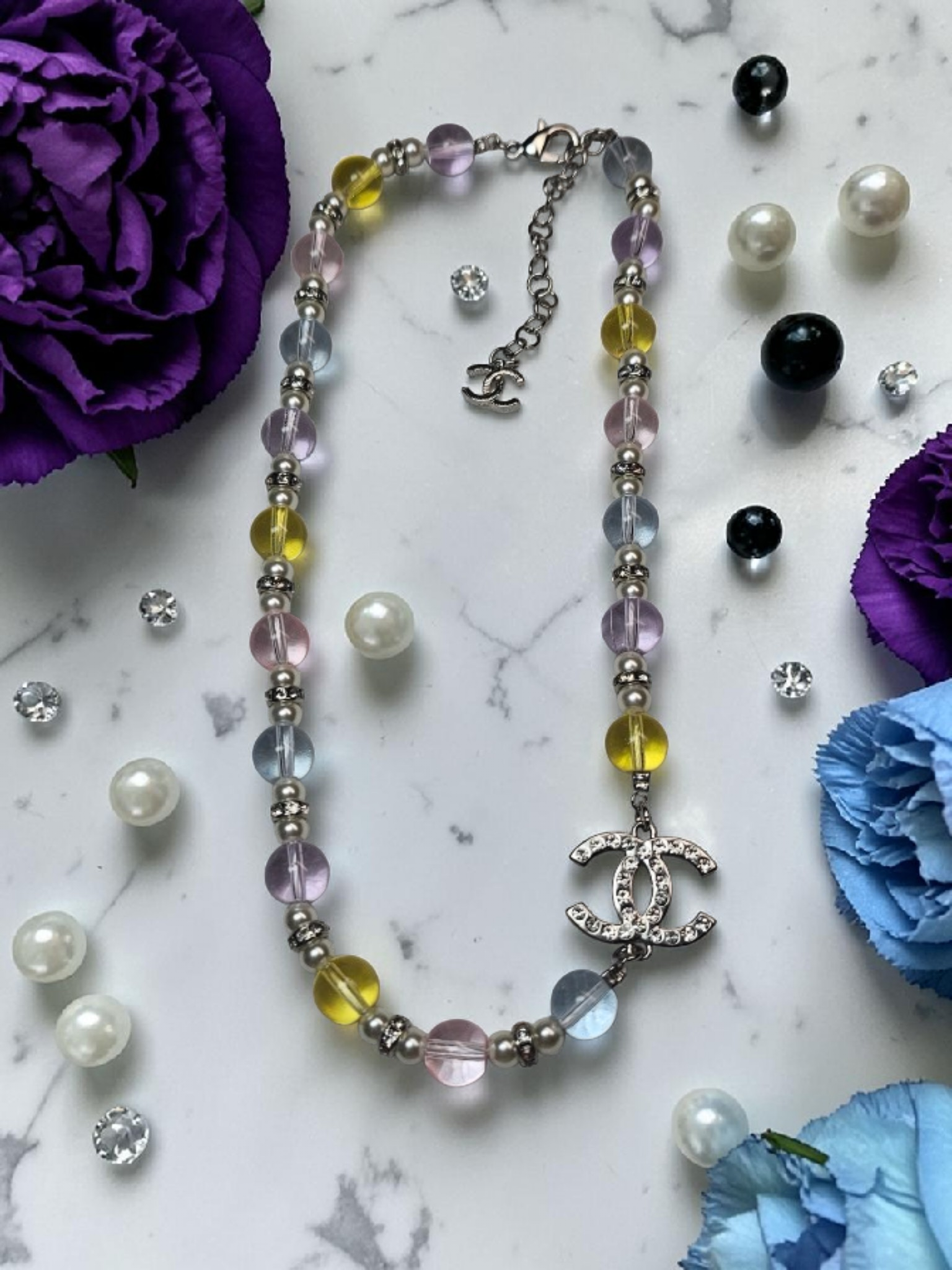 CC Logo Double Charm Multicolor Glass Bead Necklace