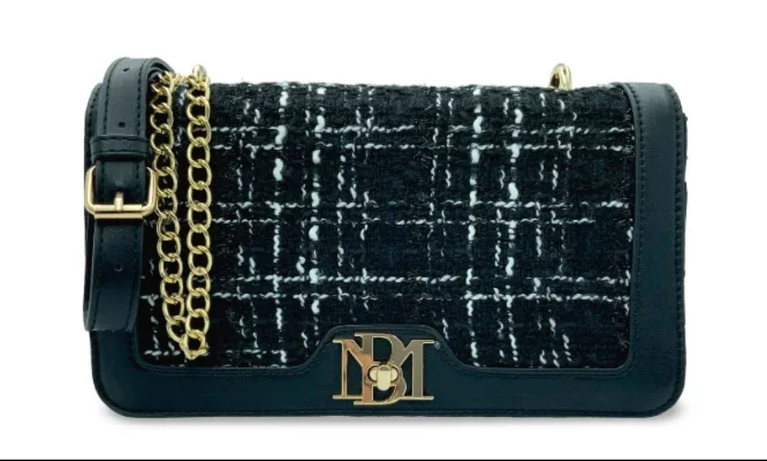 Badgley Mischka Black Tweed and Leather Crossbody Clutch with Matching Chain Strap NWT