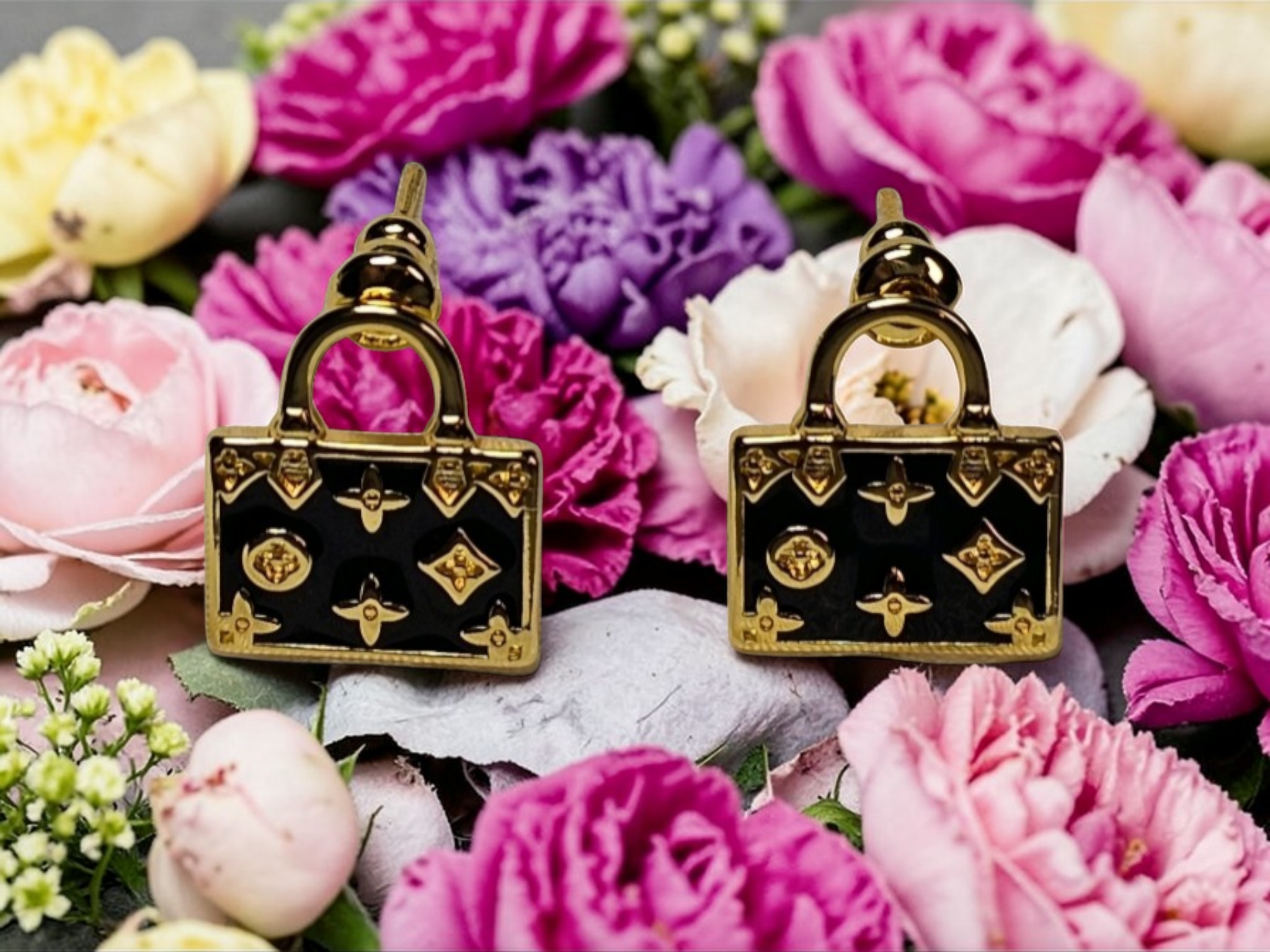 Louis Vuitton Gold and Black Logo Pierced Stud Earrings