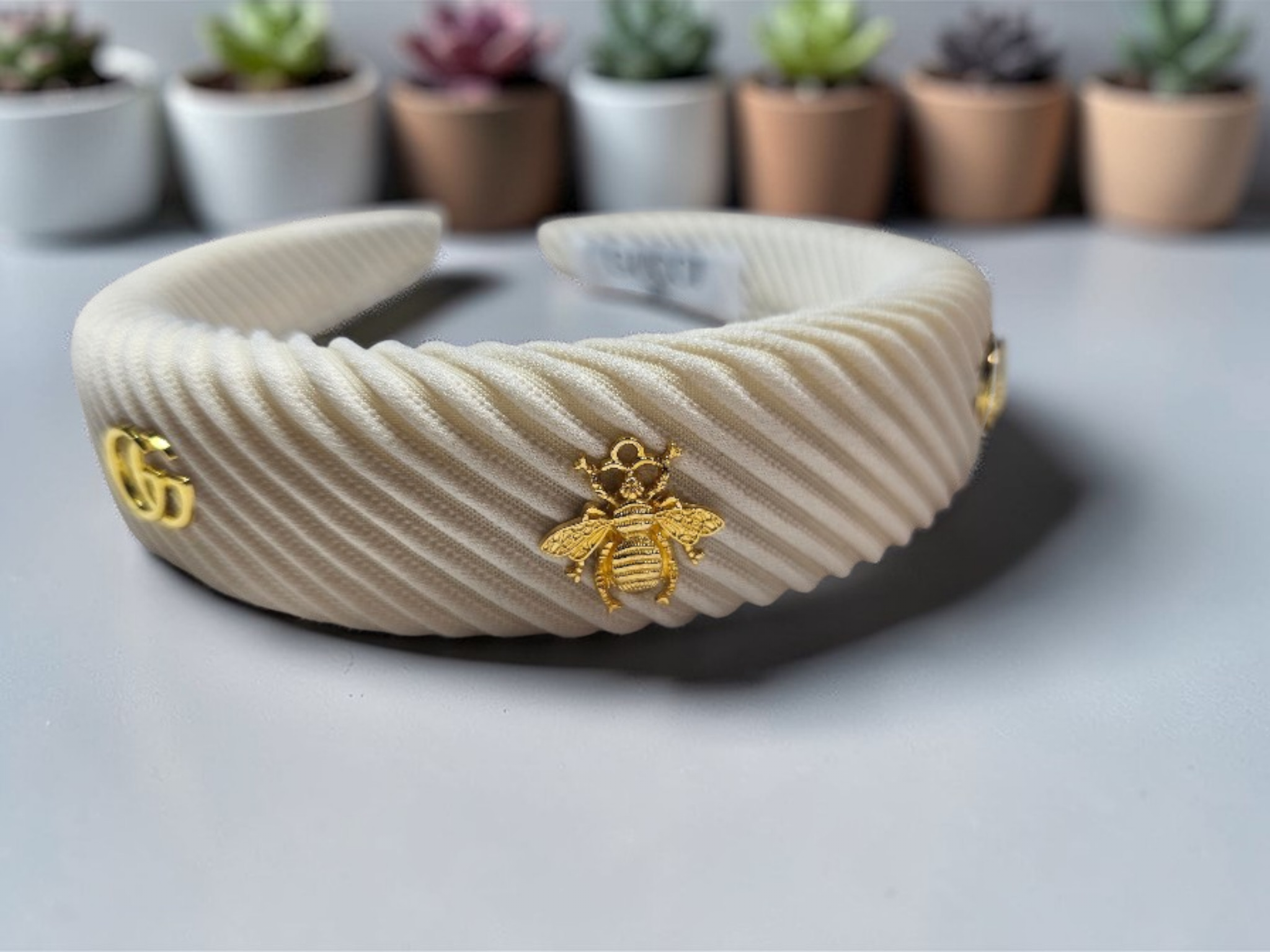 GG Bee Charm Headband — Cream Corduroy & Gold Accents