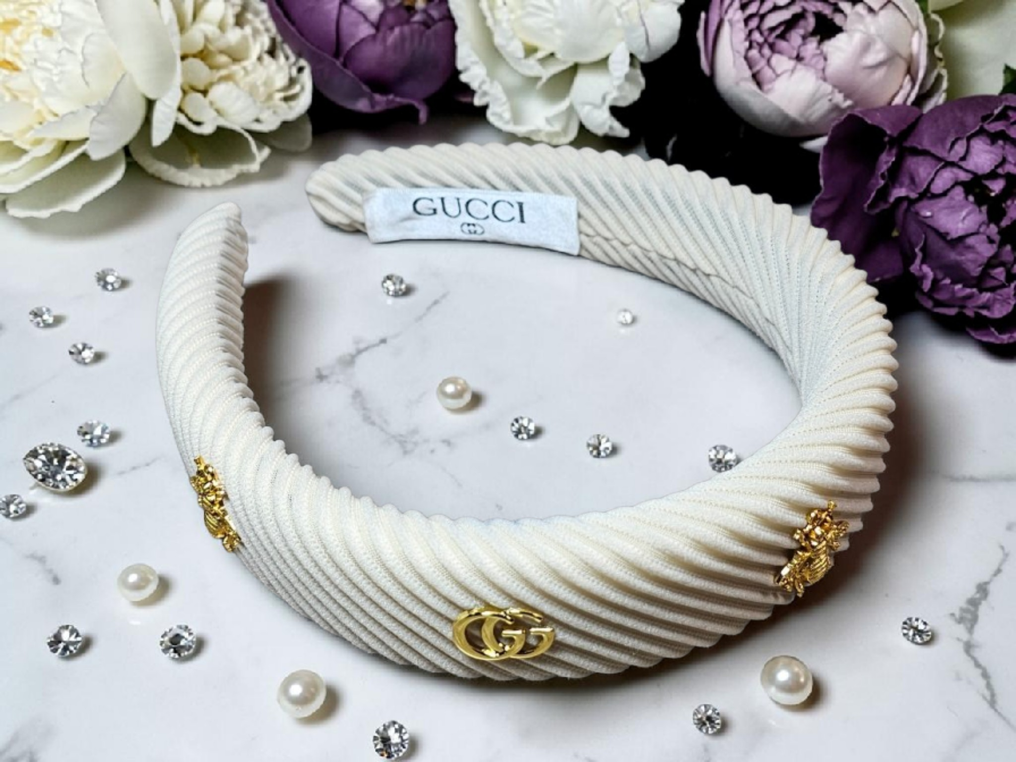 GG Bee Charm Corduroy Headband Gold and Cream