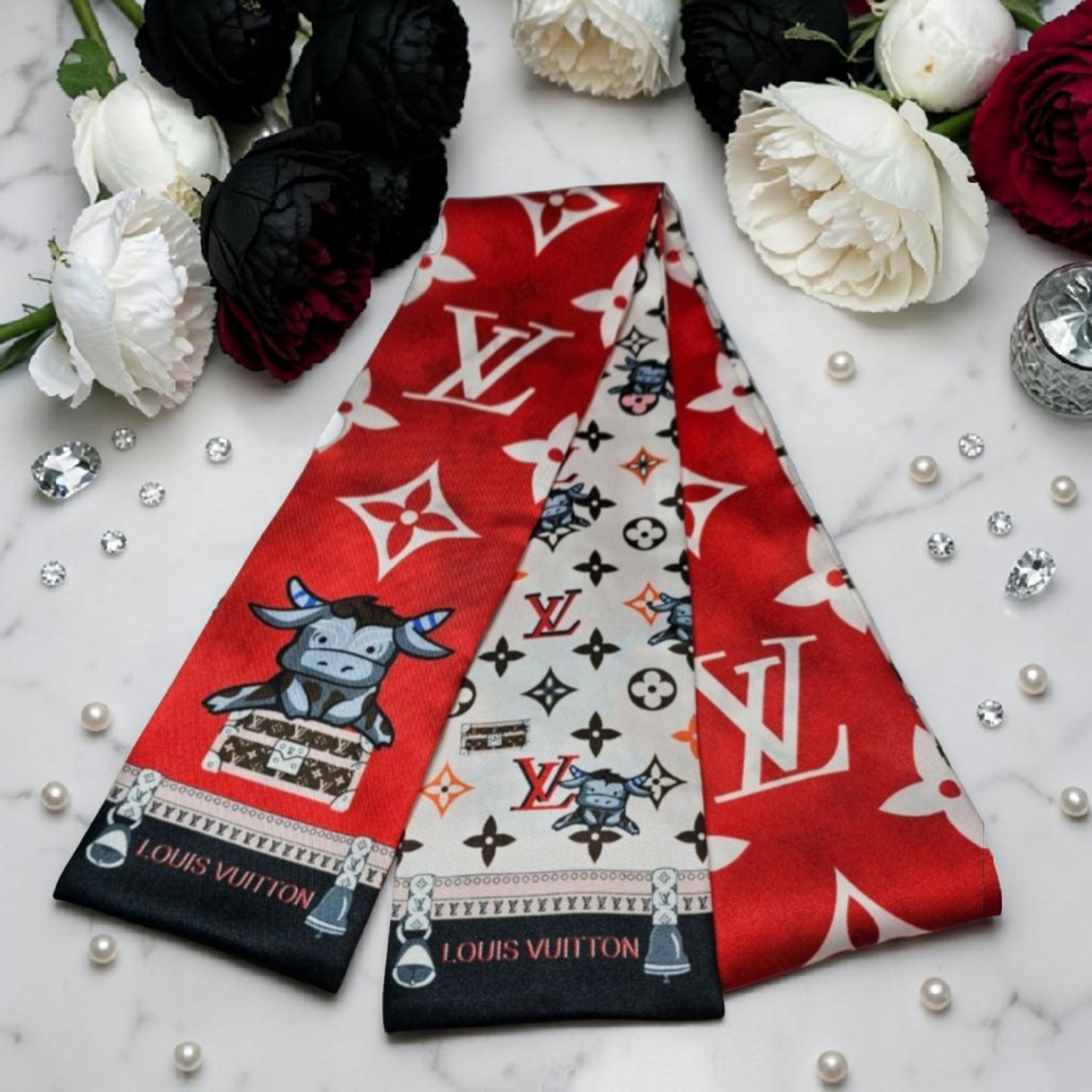 Red and white Bull Bag Scarf Hair accessory Tagged 100% Silk