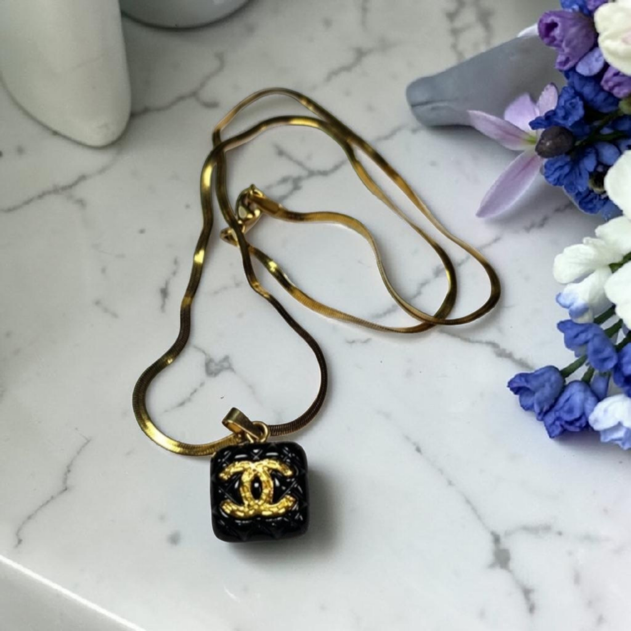 CC Logo Charm Pendant Necklace Black Enamel Square