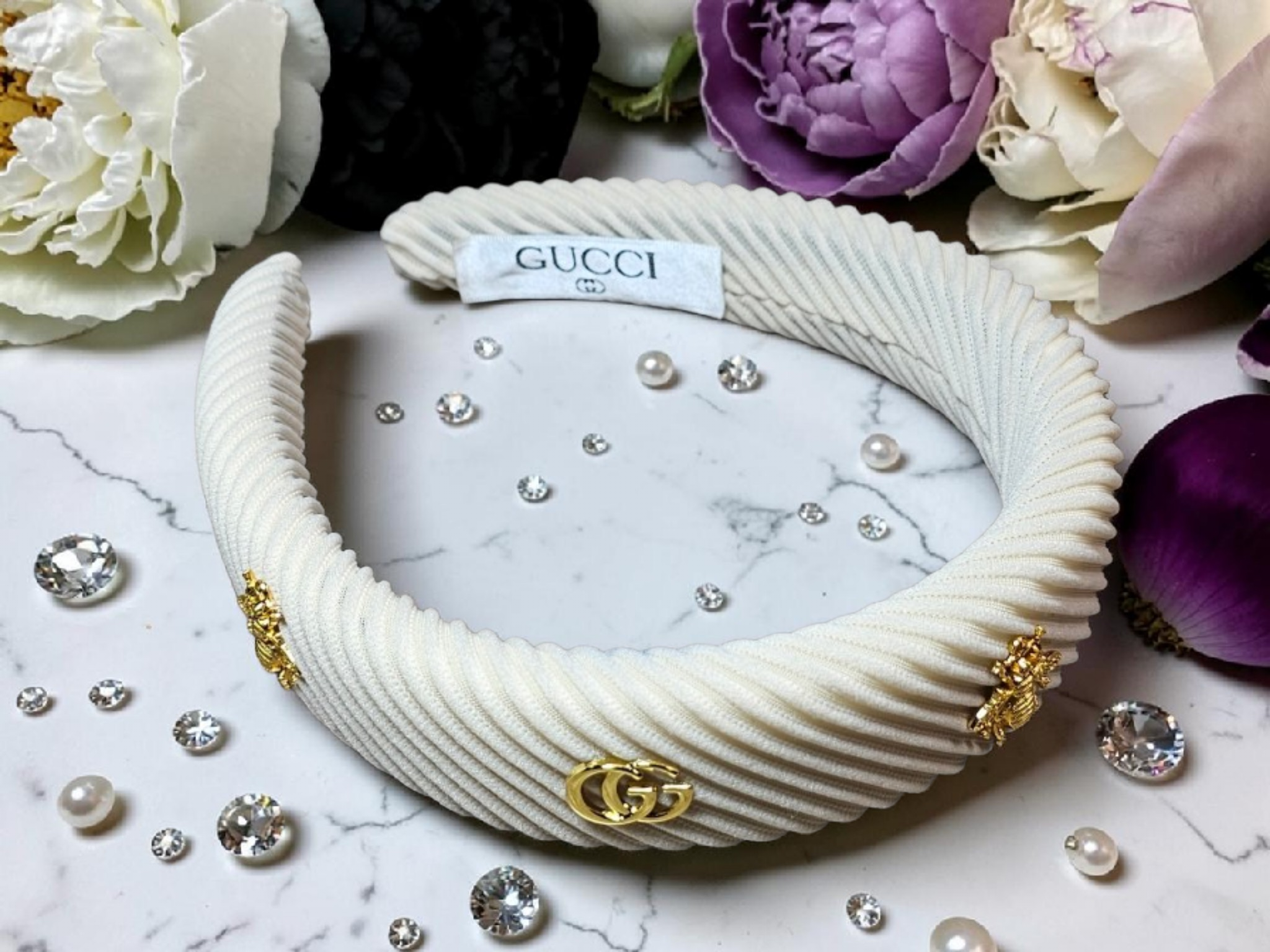 GG Bee Charm Corduroy Headband Gold and Cream