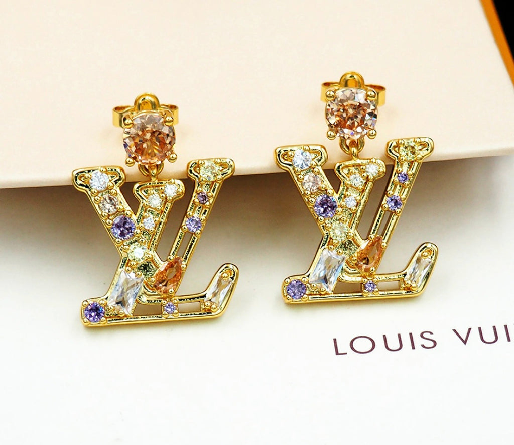 18K gold plated Gemstone Logo Dangle Earrings