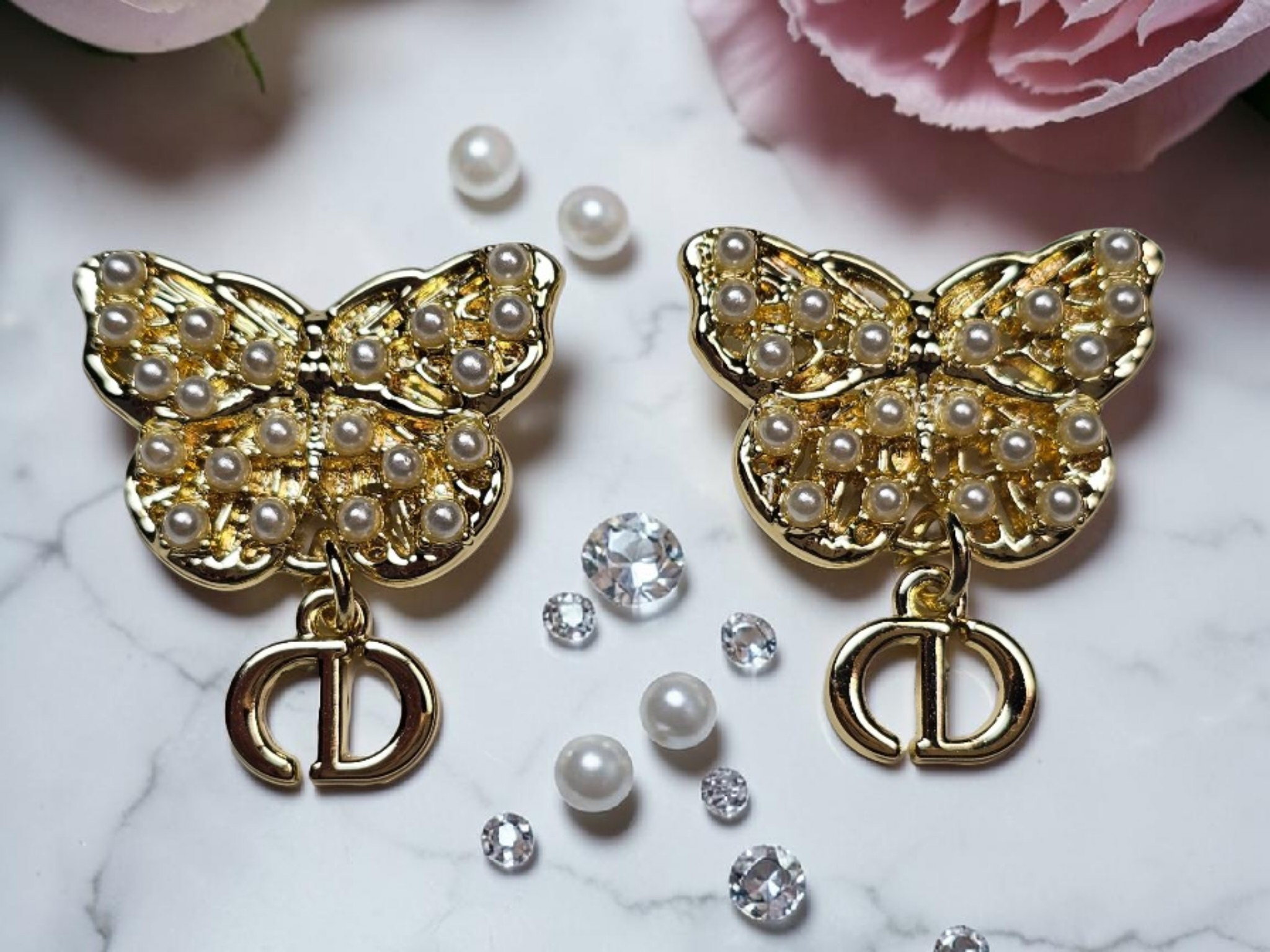 Gold Butterfly logo Charm dangle earrings
