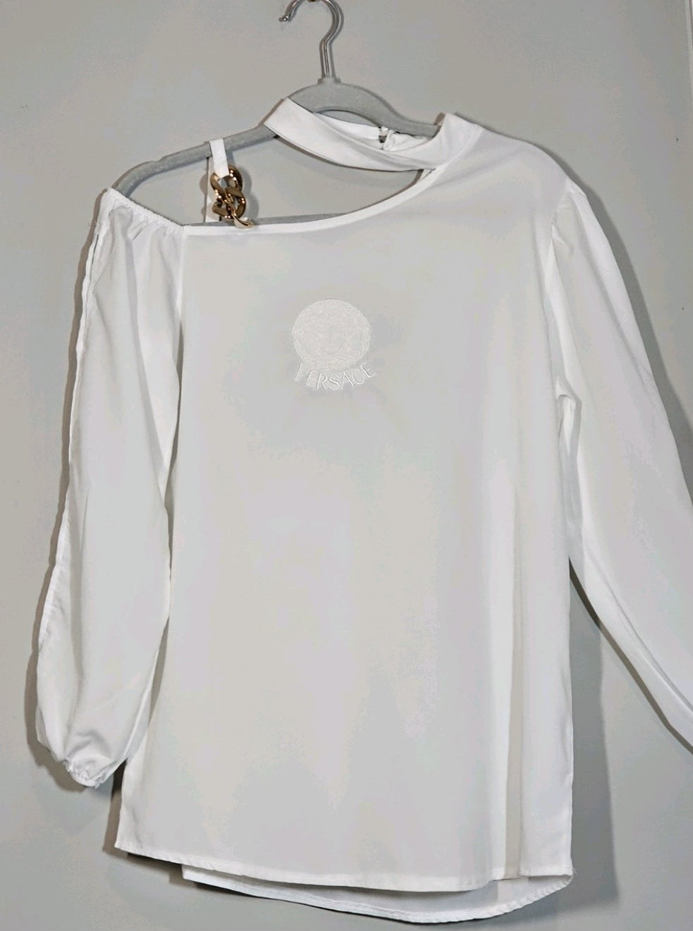 Medusa logo White Silk Blend Asymmetric Embroidered Blouse Size US Large