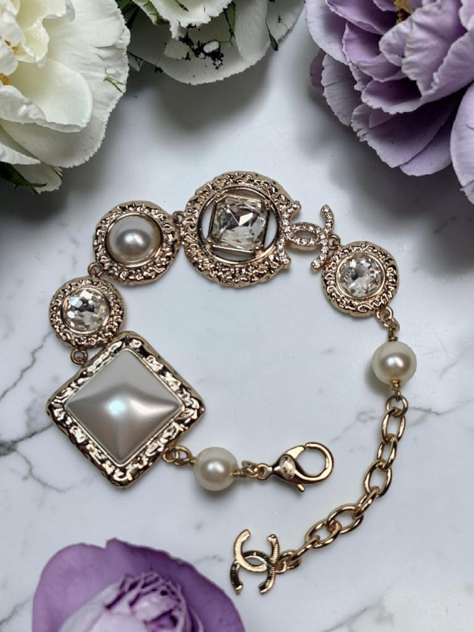 Gold CC Logo Statement Bracelet with charm