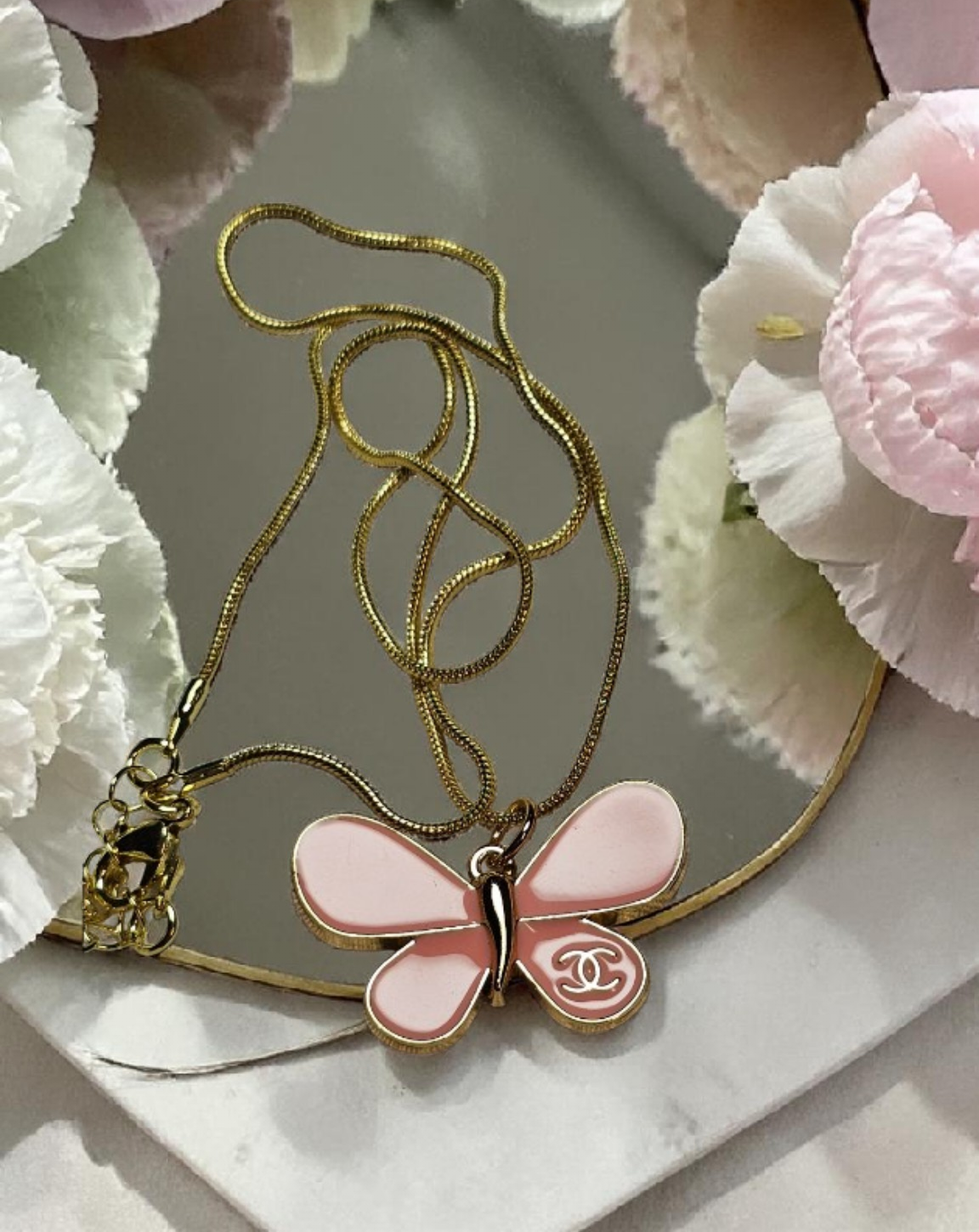 Pink Butterfly CC logo Charm Pendant Necklace