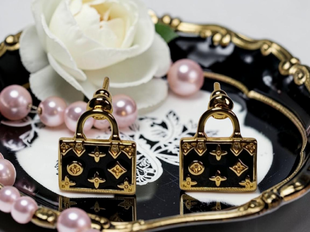 Gold and Black purse Pierced Stud Earrings