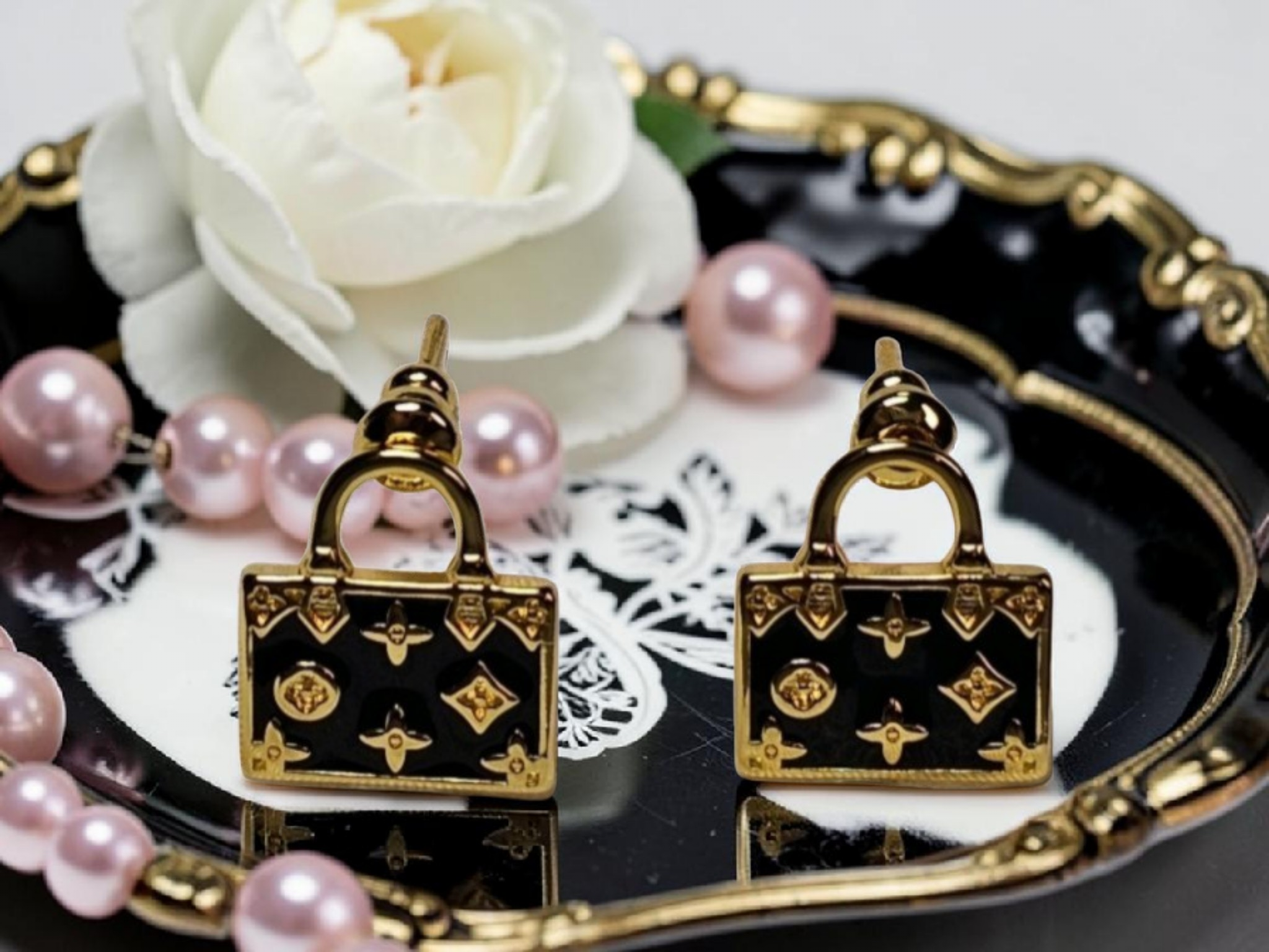 Gold and Black purse Pierced Stud Earrings