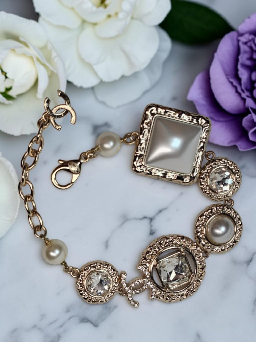 Gold CC Logo Statement Bracelet with charm