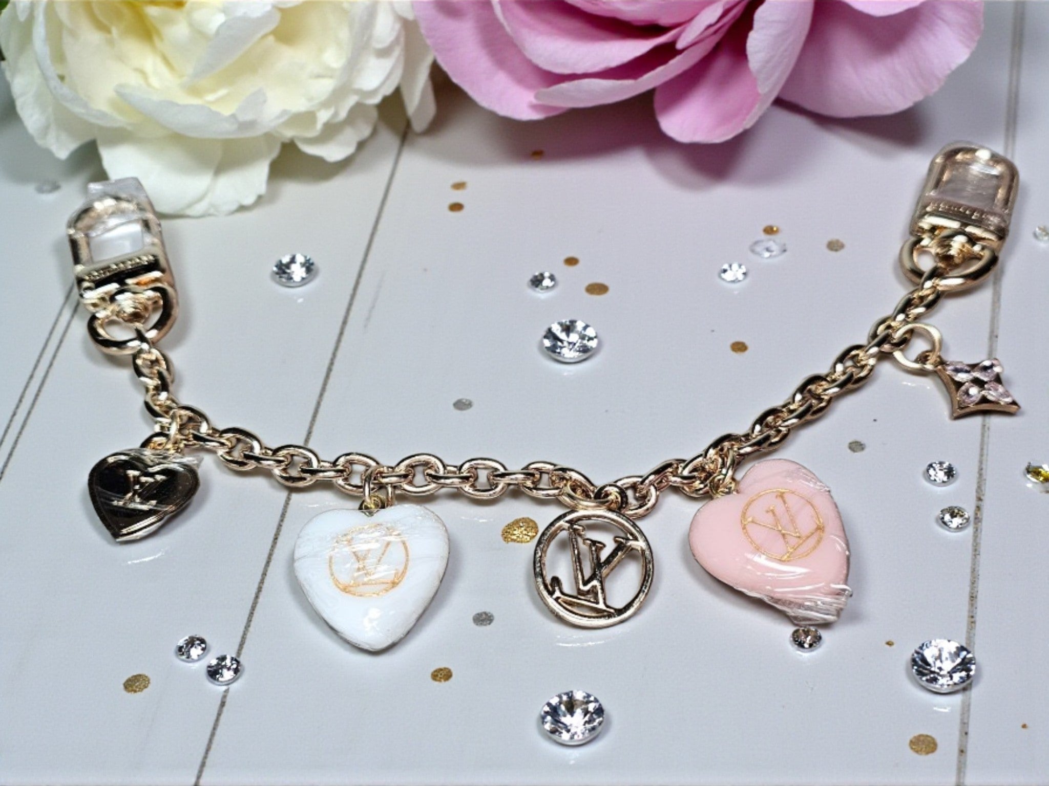 LV Logo Bag Chain Pink and Gold Hearts